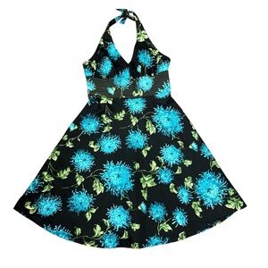 Halter A Line Floral Dress 14 Turquoise Black Empire Waist Stretch Art To Wear